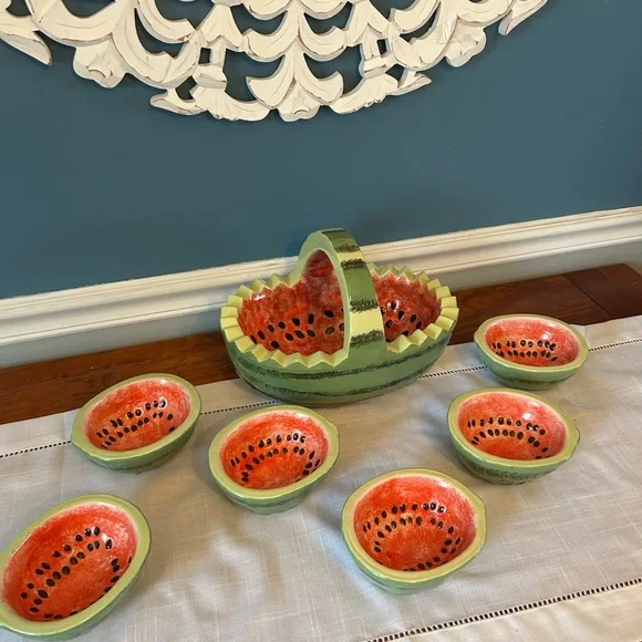 Vintage Hand Painted Watermelon Ceramic Serving Bowl & 6 Bowls Set - Picture 5 of 5